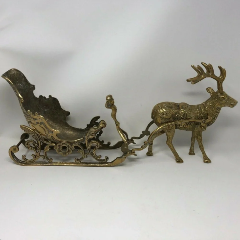 VINTAGE  LARGE BRASS REINDEER SLEIGH CHERUB SET CHRISTMAS HEAVY